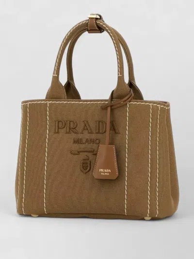 Prada Canvas Shoulder Bag Structured Shape Top Handles In Brown