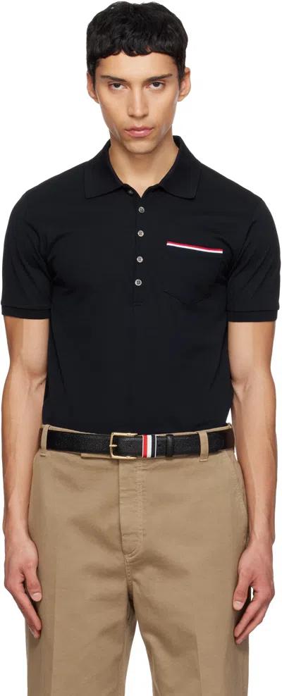 Thom Browne Navy Blue Cotton Polo Shirt In Black