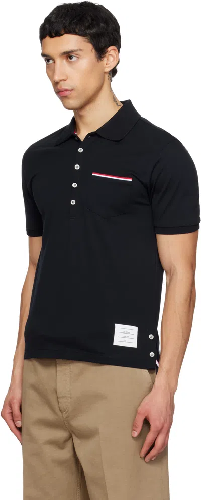 Thom Browne Navy Blue Cotton Polo Shirt In Black
