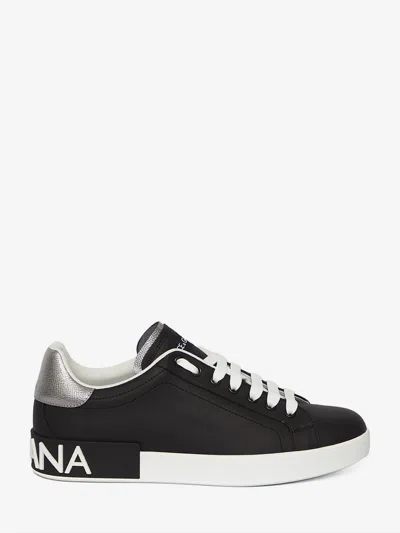Dolce & Gabbana Portofino Sneakers In Black Leather With Silver Inserts Dolce E Gabbana