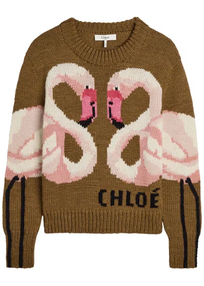 Chloé Hand Knit Flamingo Intarsia Wool Crewneck Sweater In Brown