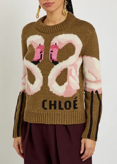 Chloé Hand Knit Flamingo Intarsia Wool Crewneck Sweater In Brown