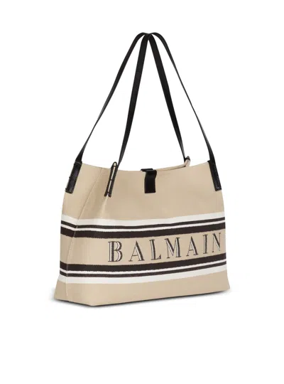 Balmain Medium Release Shopper Bag In Canvas And Calfskin In Sand