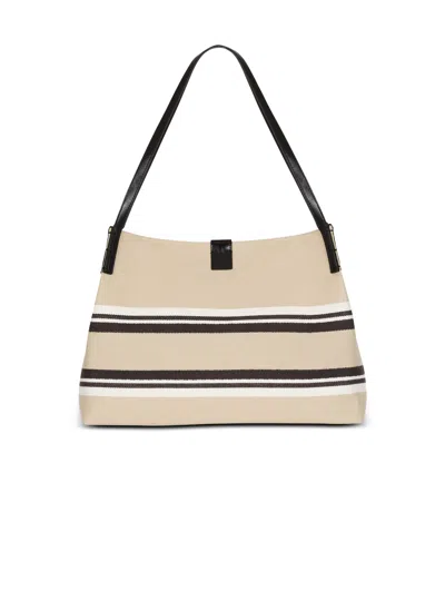 Balmain Medium Release Shopper Bag In Canvas And Calfskin In Sand