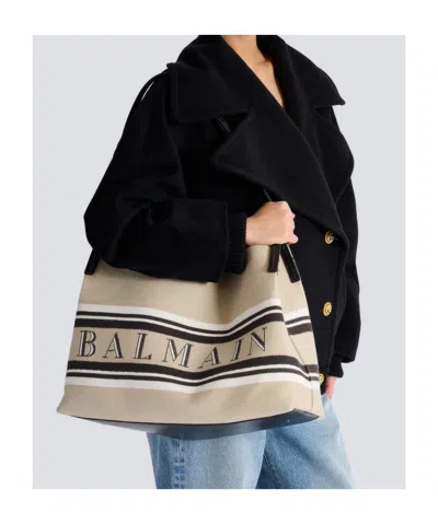 Balmain Medium Release Shopper Bag In Canvas And Calfskin In Sand