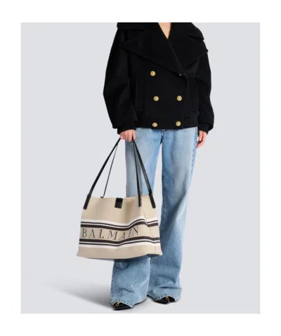 Balmain Medium Release Shopper Bag In Canvas And Calfskin In Sand