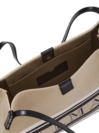Balmain Medium Release Shopper Bag In Canvas And Calfskin In Sand