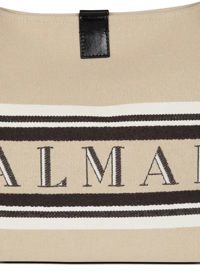 Balmain Medium Release Shopper Bag In Canvas And Calfskin In Sand