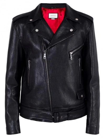 Gucci Patch-embellished Fringed Leather Biker Jacket In Black