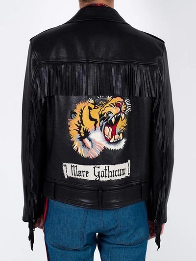 Shop Gucci Tiger Embroidered Biker Jacket - Black