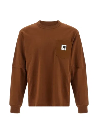Sacai X Carhartt Wip Logo-patch Long-sleeve T-shirt In Brown