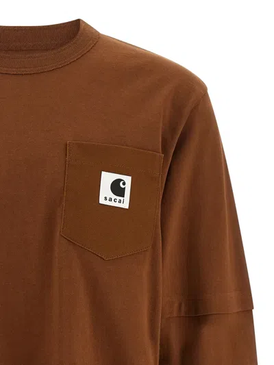 Sacai X Carhartt Wip Logo-patch Long-sleeve T-shirt In Brown
