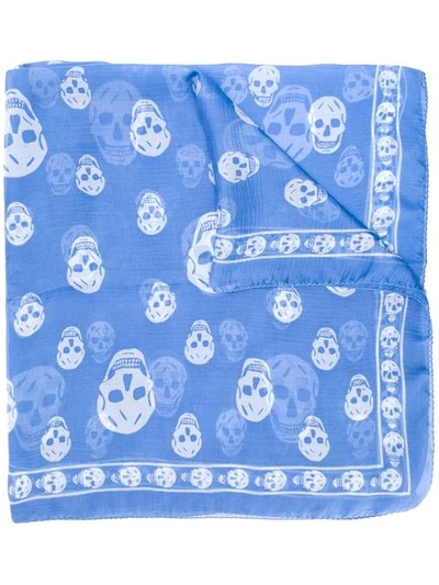 Alexander Mcqueen Skull Print Silk Crepe Scarf In Bluette/ Sky Blue