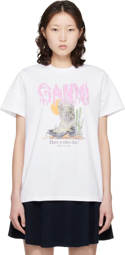 Ganni Graphic Print Relaxed Fit Short Sleeve Top In White