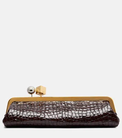 Jacquemus La Pochette Salon Crocodile-effect Glossed Leather Clutch In Brown
