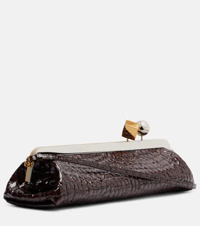 Jacquemus La Pochette Salon Crocodile-effect Glossed Leather Clutch In Brown