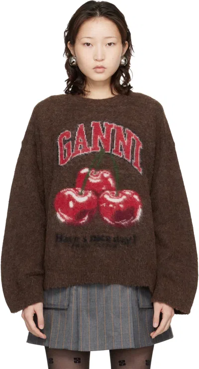 Ganni Brushed Alpaca Graphic Oversized Sweater In Brown