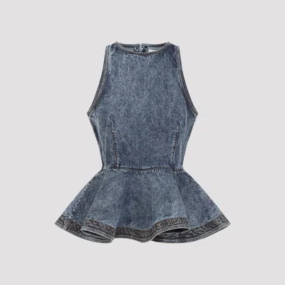 Alaïa Alaia Peplum Halterneck Top With Ruched Hem And Fitted Waist In Blue