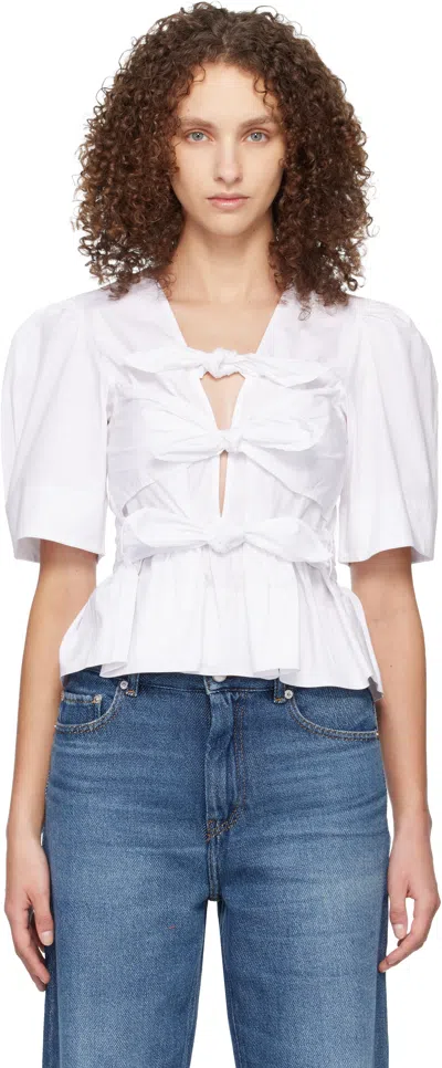 Ganni Womens Bright White Tie Strap Puffed-sleeves Stretch-cotton Blouse