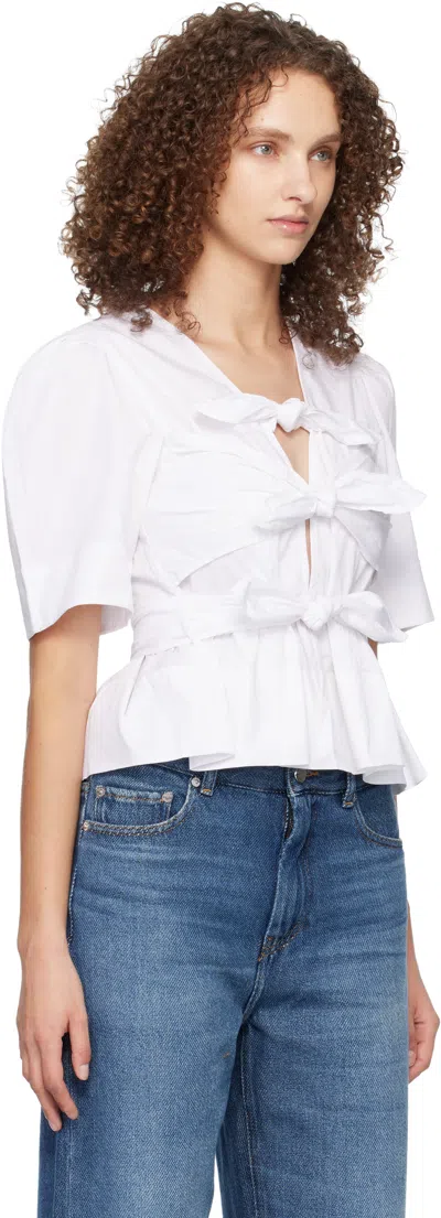Ganni Womens Bright White Tie Strap Puffed-sleeves Stretch-cotton Blouse