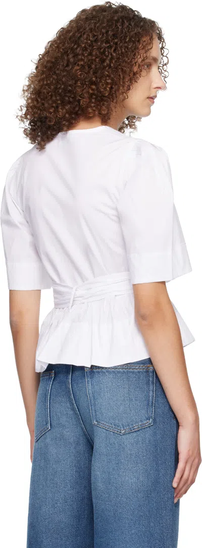Ganni Womens Bright White Tie Strap Puffed-sleeves Stretch-cotton Blouse