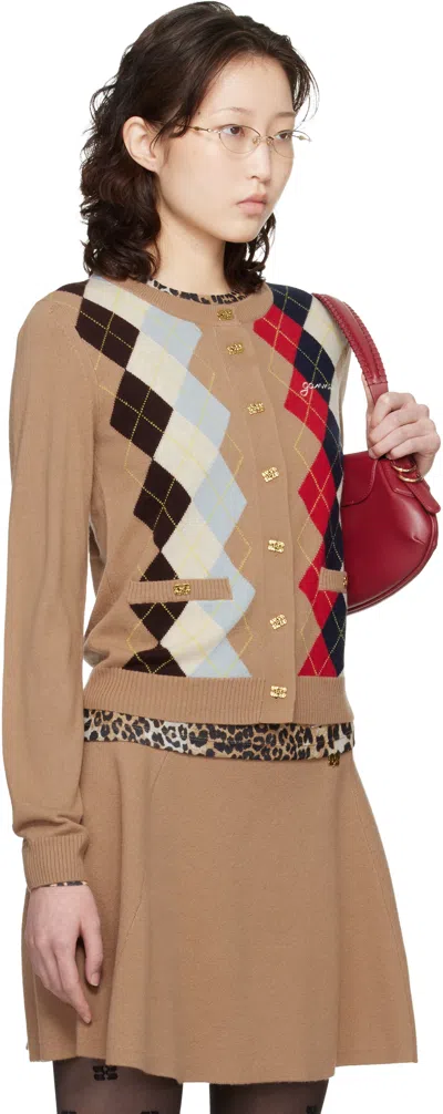 Ganni ベージュ アーガイルプリント カーディガン In Brown