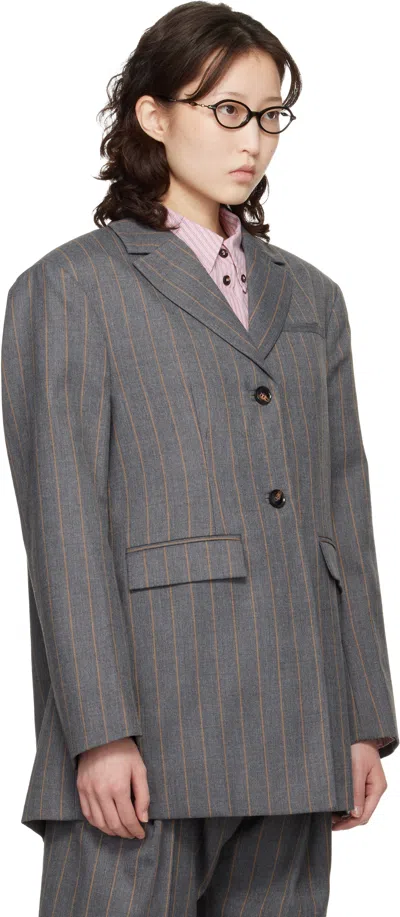 Ganni グレー ストライプ ウール テーラードジャケット In Gray