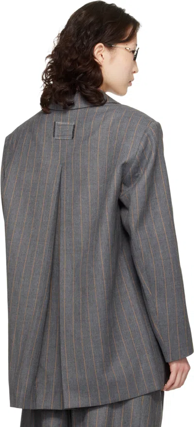 Ganni グレー ストライプ ウール テーラードジャケット In Gray