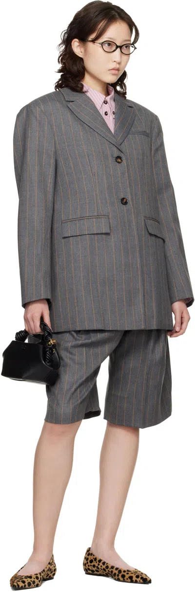 Ganni グレー ストライプ ウール テーラードジャケット In Gray