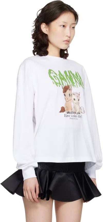 Ganni White Basic Cotton Jersey Long Sleeve T-shirt In White
