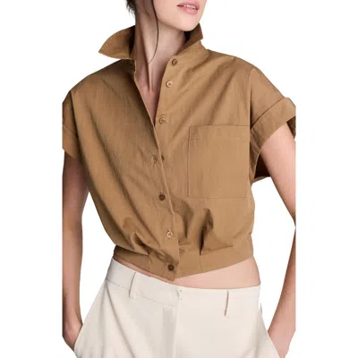 Kenneth Cole Poplin Cropped Short Sleeve Shirt In Brown