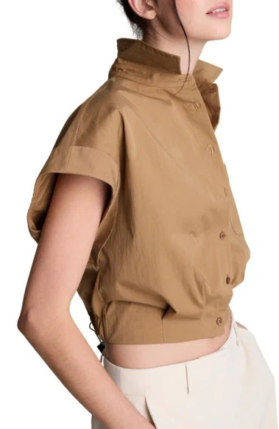 Kenneth Cole Poplin Cropped Short Sleeve Shirt In Brown