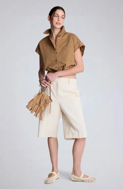 Kenneth Cole Poplin Cropped Short Sleeve Shirt In Brown