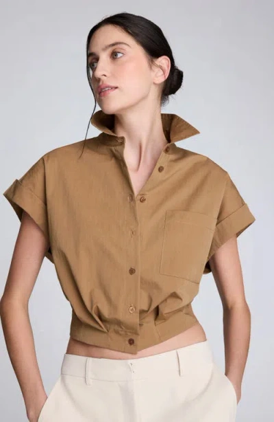 Kenneth Cole Poplin Cropped Short Sleeve Shirt In Brown