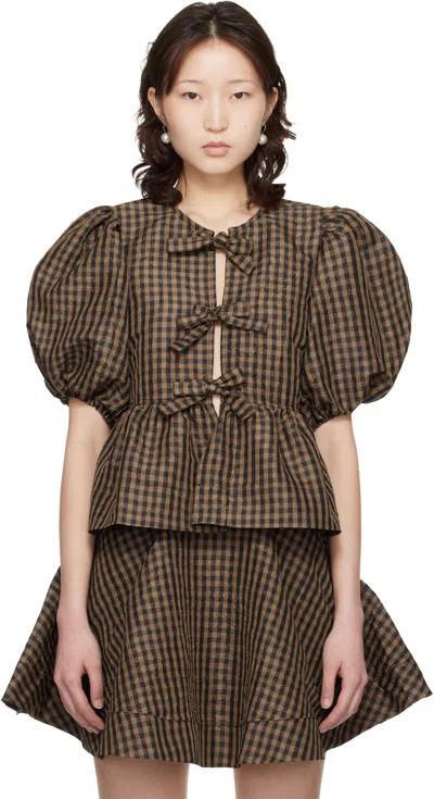 Ganni Crinkled Taffeta Check Peplum Blouse Tobacco Brown