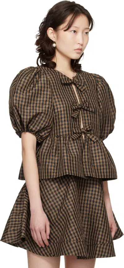 Ganni Crinkled Taffeta Check Peplum Blouse Tobacco Brown