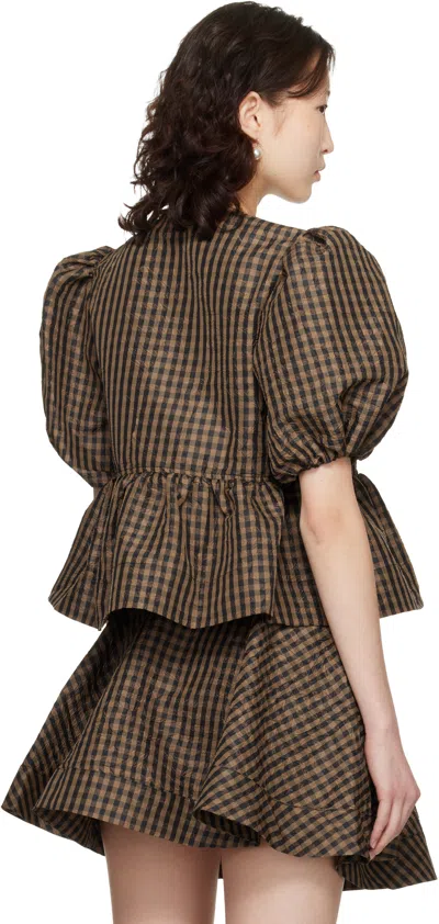 Ganni Crinkled Taffeta Check Peplum Blouse Tobacco Brown