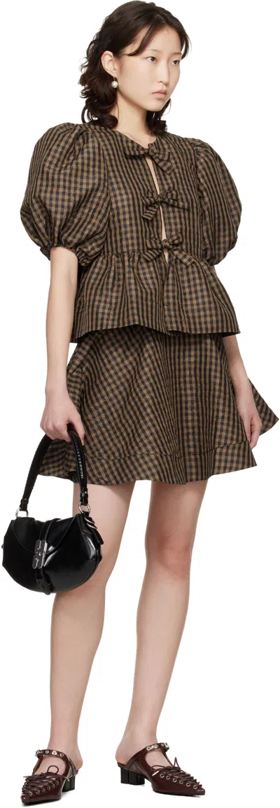 Ganni Crinkled Taffeta Check Peplum Blouse Tobacco Brown