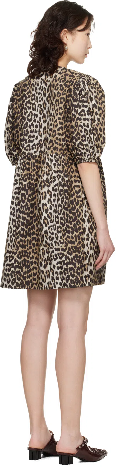 Ganni Brown Leopard Printed Cotton Tie String Minidress In Animal Print