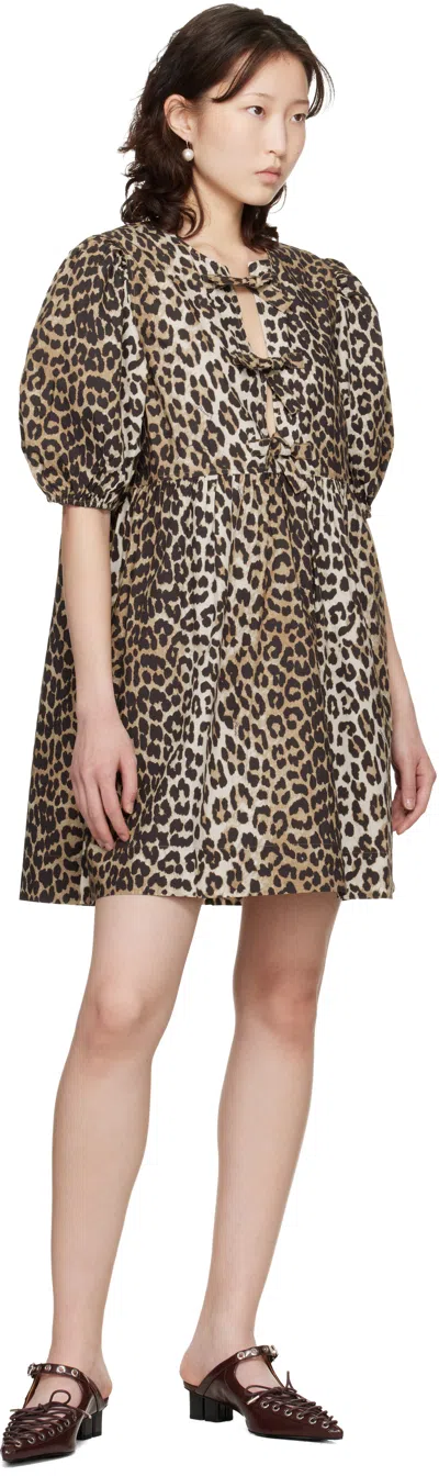Ganni Brown Leopard Printed Cotton Tie String Minidress In Animal Print