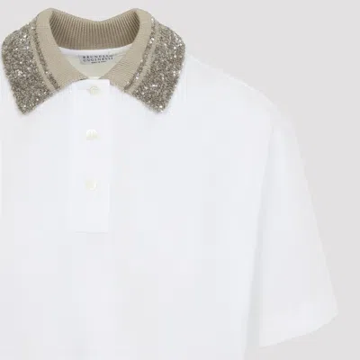 Brunello Cucinelli Women Cotton Jersey Polo Shirt With Dazzling Knit Collar In White
