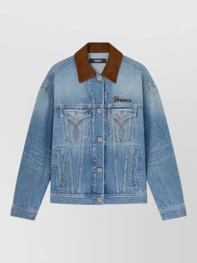 Versace Stone Wash Denim Blouson Jacket For Women In Blue