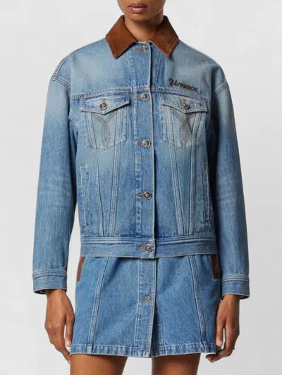 Versace Stone Wash Denim Blouson Jacket For Women In Blue