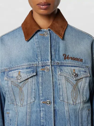 Versace Stone Wash Denim Blouson Jacket For Women In Blue