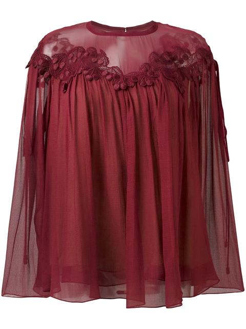 Chloé Cherry Guipure Lace Crushed Georgette Blouse In Red | ModeSens