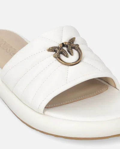 Pinko Fiona White Slides With Chunky Design And Love Birds Logo Plaque In Leather Woman