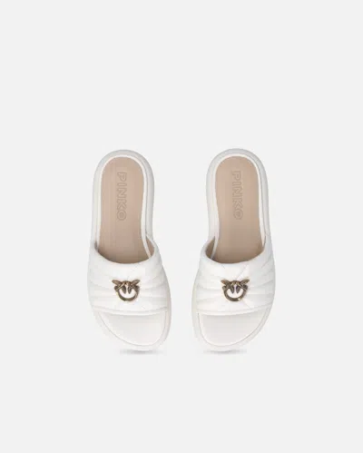 Pinko Fiona White Slides With Chunky Design And Love Birds Logo Plaque In Leather Woman
