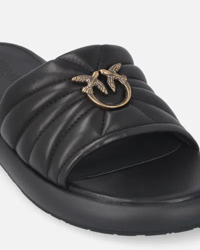 Pinko Fiona Black Slides With Chunky Design And Love Birds Logo Plaque In Leather Woman