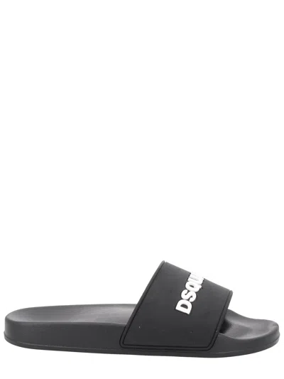 Dsquared2 Logo Slide Sandal Open Toe Flat Sole In Black