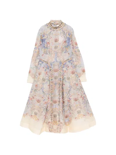 Zimmermann Womens Blue Floral Rebellion Beaded Linen And Silk Midi Dress Xs In Neutral